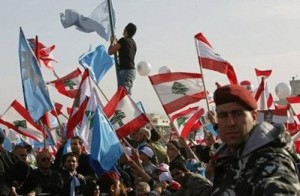 harir 5th anniversary rally - supporters -flags Tens of thousands of supporters of Lebanon's majority "March 14" camp flocked into downtown Beirut for a rally marking the fifth anniversary of the murder of former PM Rafik Hariri