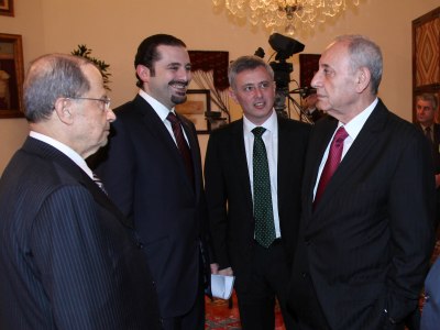 dialogue 03-2010- aoun, hariri, frnajiyeh, berri In this photo by Dalati Nohra, Lebanese Parliament Speaker Nabih Berri, right , stands with MP Suleiman Franjiyeh, PM Saad Hariri and MP Michel Aoun