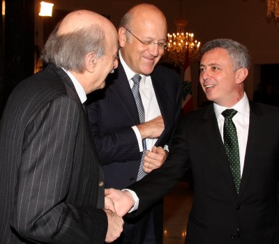 dialogue 03-2010- franjiyeh mikati jumblatt In this photo released by Lebanon's official government photographer Dalati Nohra, MP Walid Jumblatt, left, stands former PM Najib Mikati and MP Suleiman Franjiyeh