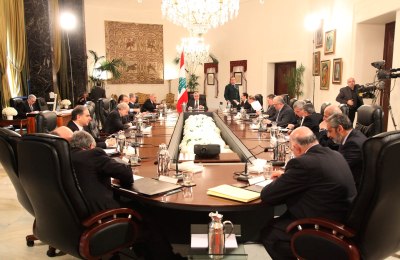 dialogue 03-2010- general view Lebanese rival leaders meet for talks, headed by Lebanese President Michel Suleiman, center, at the Presidential Palace in Baabda, east of Beirut, Lebanon, Tuesday, March 9, 2010.